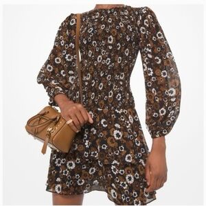 Michael Kors Floral Long Sleeve Dress - Brown and White